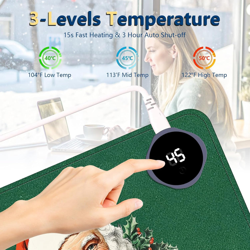 Heated Mouse Pad with 3 Temperature Settings(104°F–122°F),Large 24x14.2 Inch PU Leather Heated Desk Mat,Waterproof Warming Pad for Office,Gaming & Cold Hands Relief,Santa Christmas