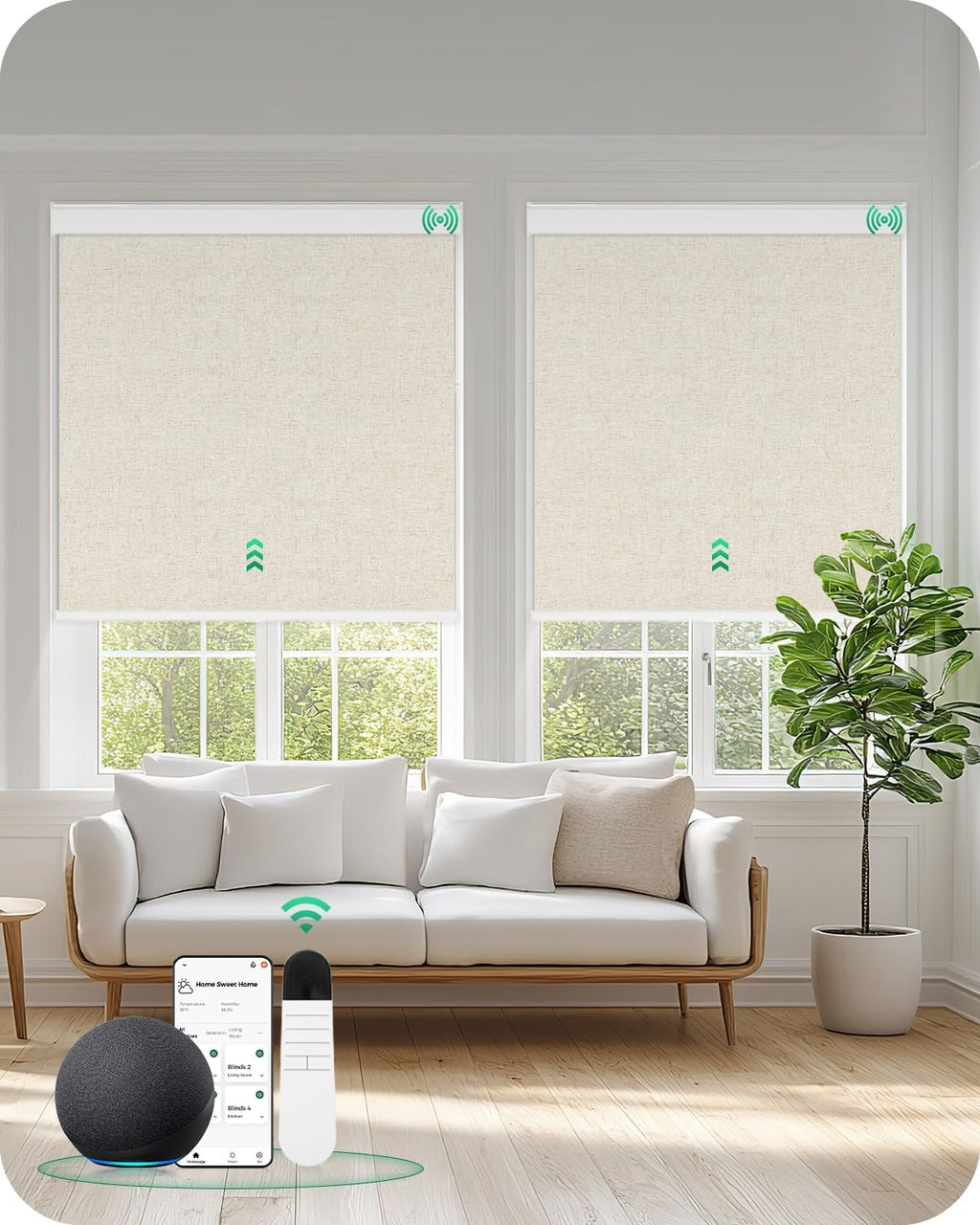 Allesin Motorized Roller Blinds – Rechargeable Smart Shades with Remote & Quiet Motor, Top/Bottom Aluminum Rails, Alexa-Compatible for Window (36" W x 72" H, 100% Blackout Sand-Linen)