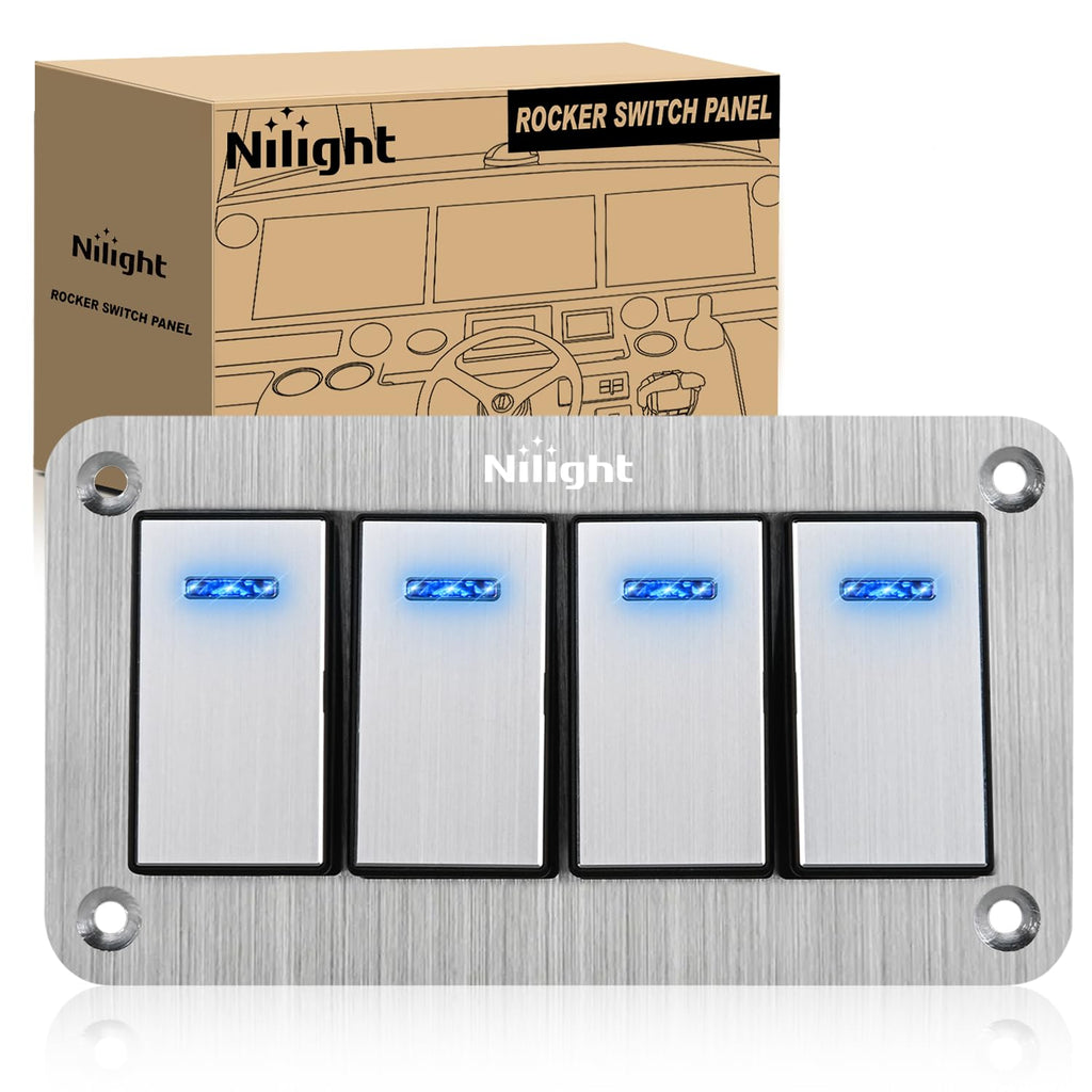 Nilight 4 Gang Rocker Switch Panel 3 Pin On Off Pre-Wired Toggle Switches Blue LED Waterproof Aluminum with DIY Stickers for 12V 24V Automotive Cars Marine Boats UTV Truck Jeeps