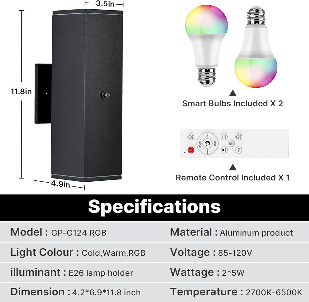 Outdoor Wall Lights 1 Pack, RGBCW Exterior Lighting Sconce,2700K-6500K Dimmable Smart Porch Lights Outdoor for House Patio Garage, Compatible with Alexa/Google Assistant, Bulb Included