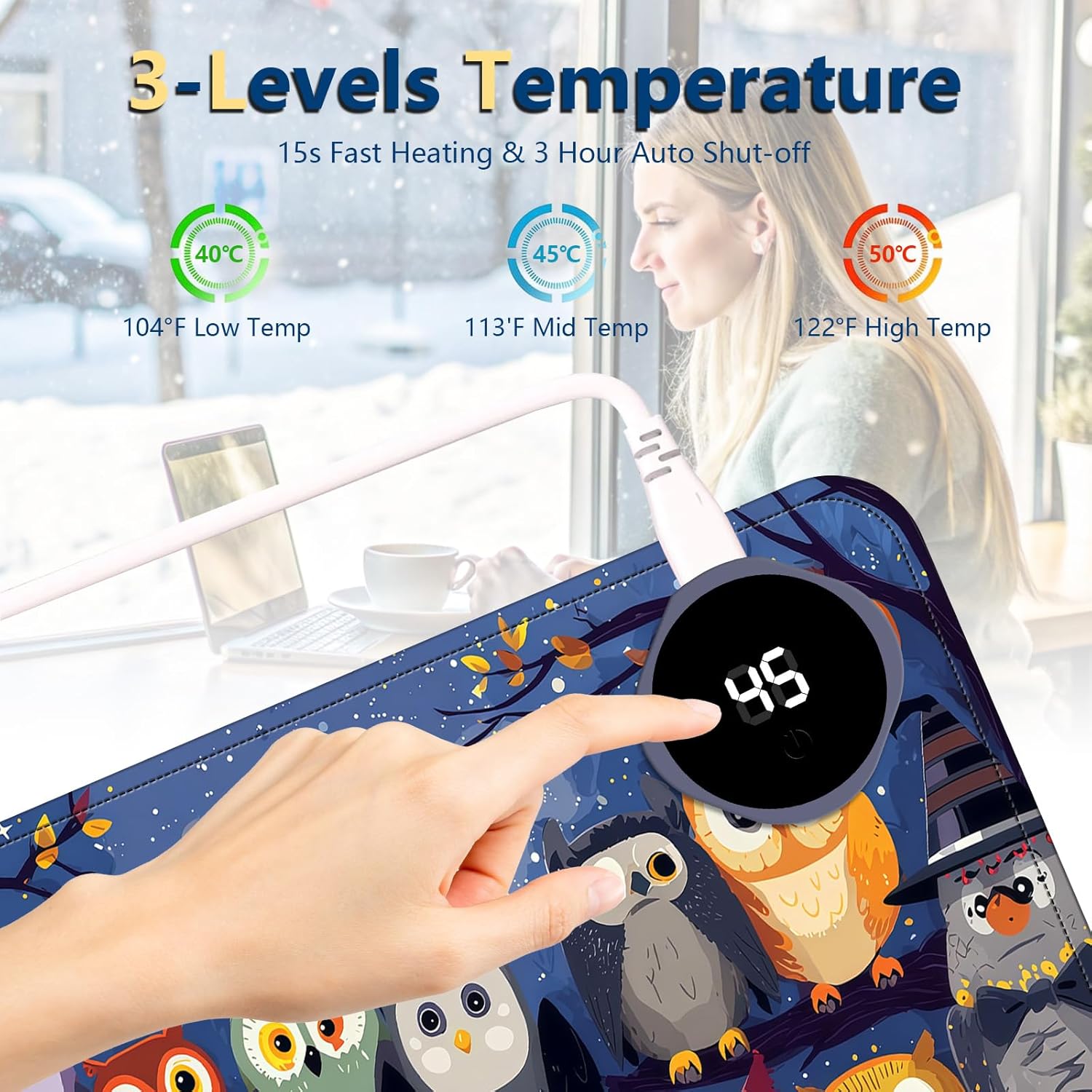 Heated Mouse Pad with 3 Temperature Settings(104°F–122°F),Large 31.5x13 Inch PU Leather Heated Desk Mat,Waterproof Warming Pad for Office,Gaming & Cold Hands Relief,Colorful Night Owls