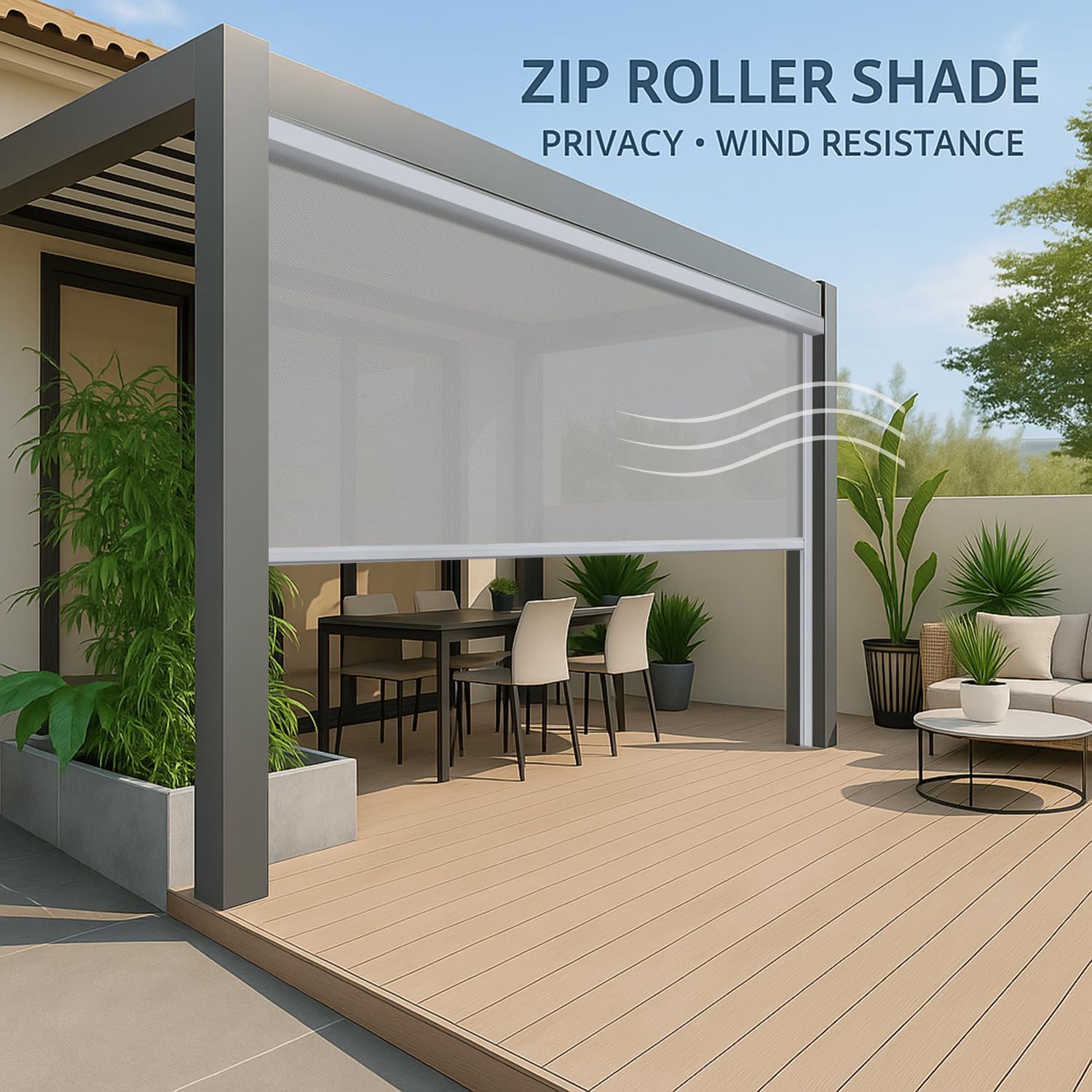 ZSHINE Hard-Wired Outdoor Snow Blocking Weatherproof Motorized Patio Roller Shades Remote Control for Porch Balcony Customized Size (White 5% Openness)