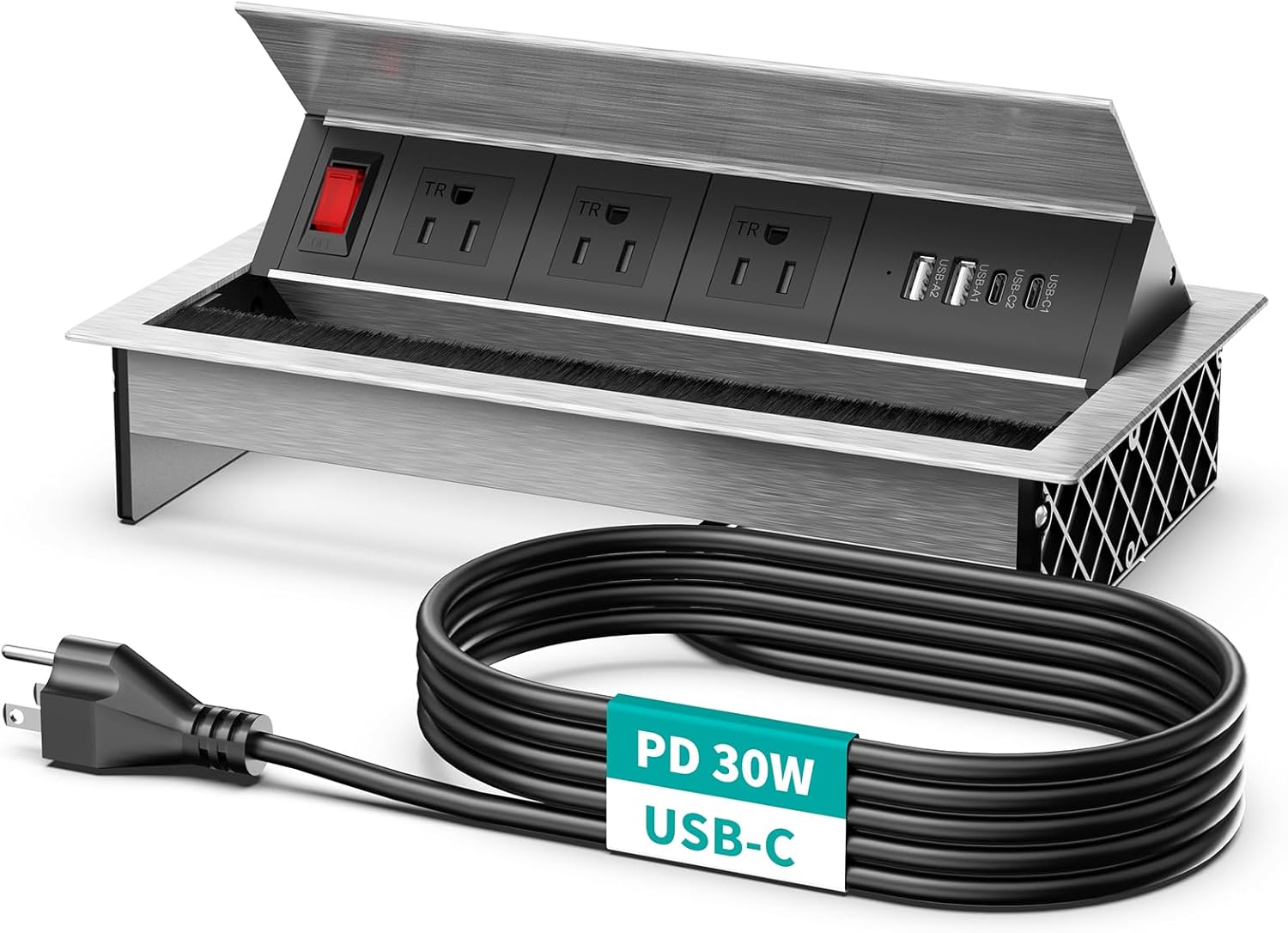 QBA Tabletop Brush Connectivity Box Outlet, Recessed Power Strip with USB-C 30W, 3 TR Outlets, 4 USB Ports, for Home Office, Silver