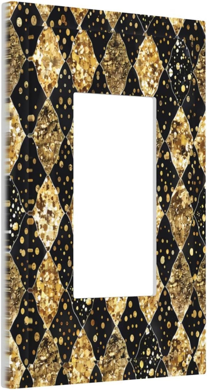 Gold Black Marble Geometric Plaid Glitter Decorative Outlet Covers 1 Gang Single Rocker Light Switch Cover Plate Wall Plates GFCI Faceplate for Bedroom Bathroom Decor