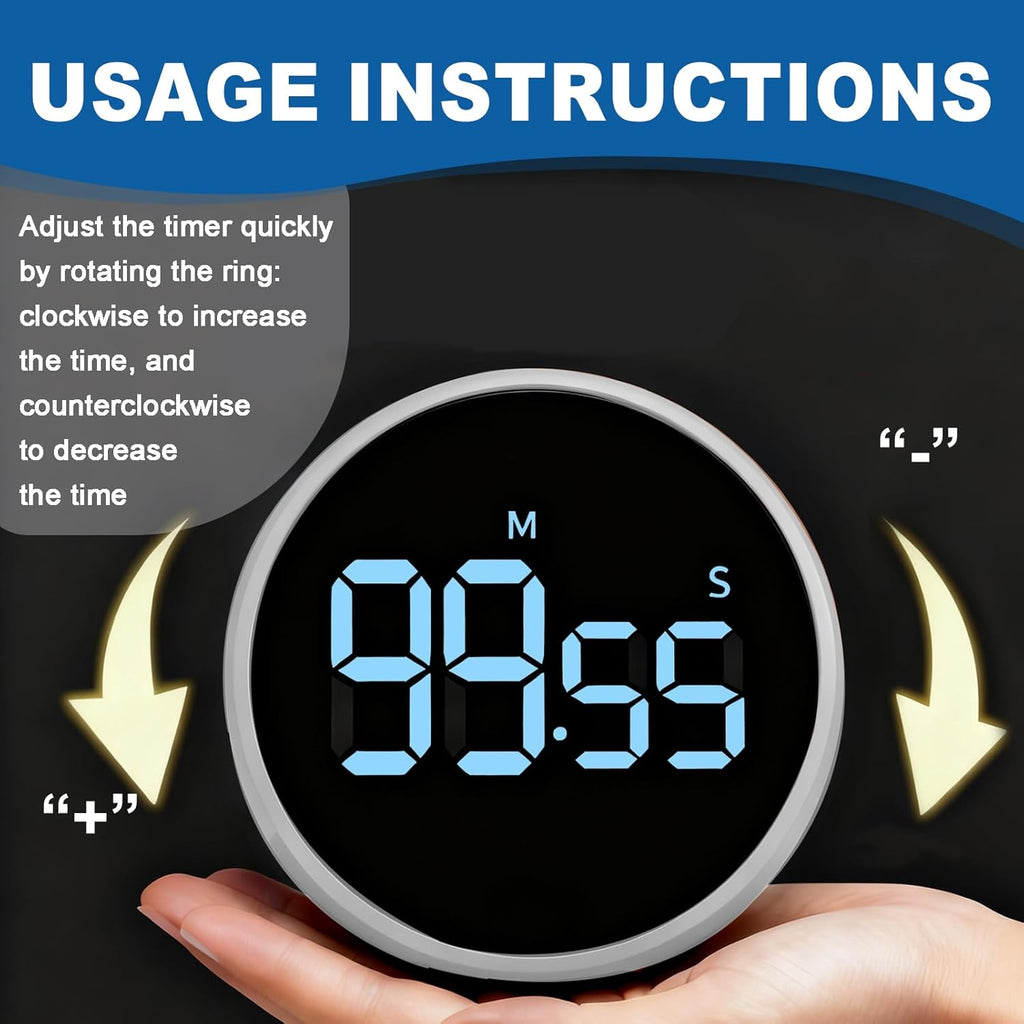 Digital Kitchen Timer, Magnetic Countdown Countup Visual Pomodoro Timer with Large LED Display, Cube Clock for Classroom Cooking Fitness Baking Studying Teaching, Easy for Kids and Seniors (Silver)