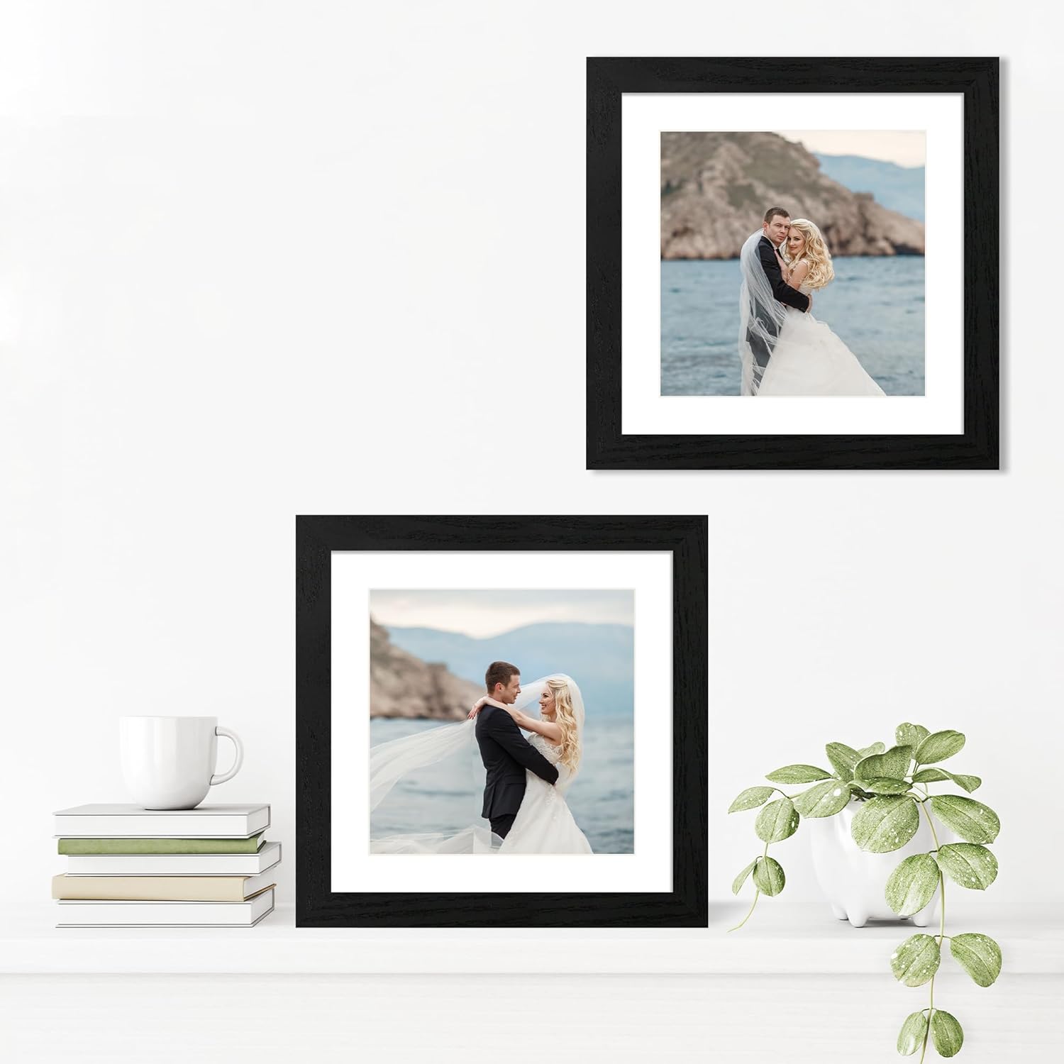 iRahmen 10x10 Picture Frame Set of 4 with HD Glass, Black Frames Display 8x8 Picture with Mat or 10 x 10 Without Mat, Wooden Photo Frames for Tabletop Display and Wall Mounting