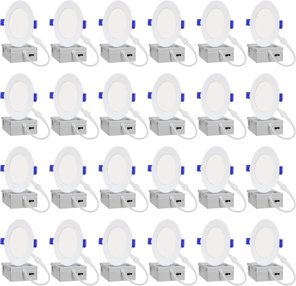 LAMPHOME 24-Pack of 4-Inch Slim LED Recessed Lights with Junction Box, Adjustable Color Temperatures (2700K-5000K), 9W Equivalent to 75W, Dimmable, 950LM Brightness - ETL and Energy Star Certified