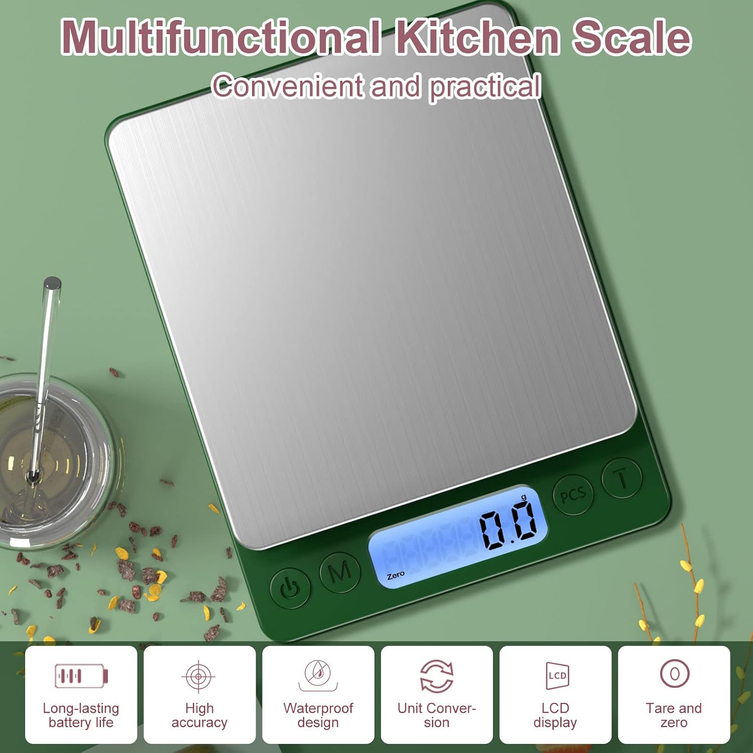 Digital Food Scale for Food Ounces and Grams，YONCON 3000g/0.1gram Accuracy Multifunctional Kitchen Scale for Cooking, Baking | Small Size for Easy Storage | Tare Function