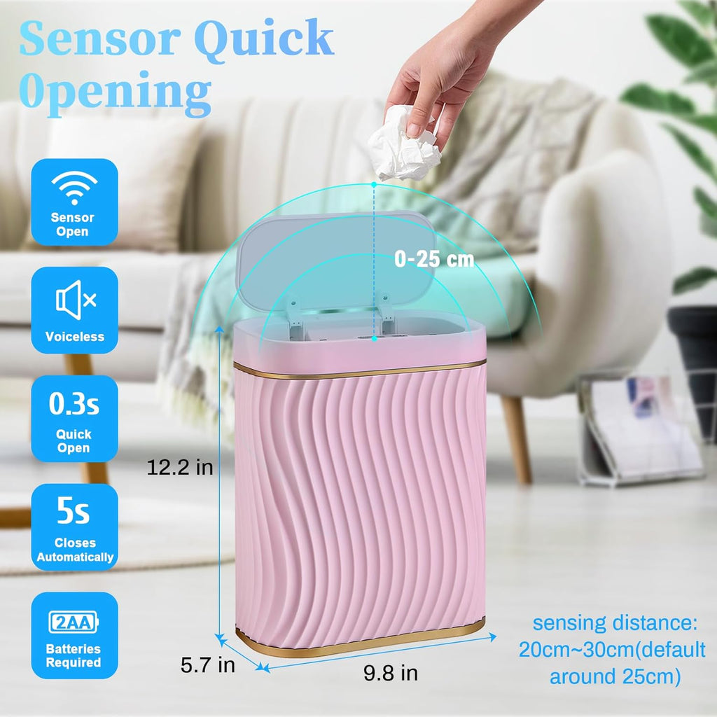 steo spce Bathroom Small Trash Can with Automatic Touchless Lid, 2.6 Gallon Smart Garbage Can Narrow Waterproof Trash Bin for Bedroom, Office, Living Room (Gold Pink)