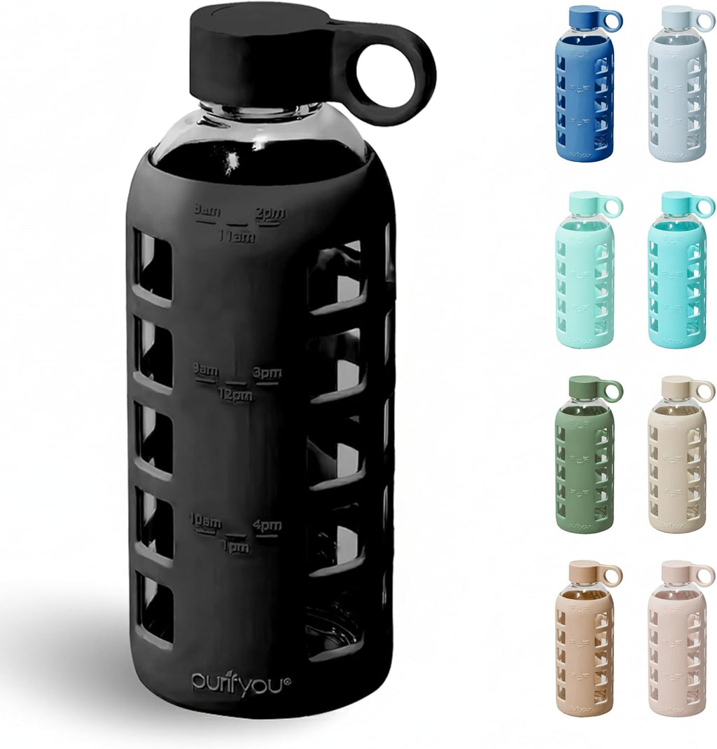 purifyou 40oz / 32oz / 22oz / 12oz Borosilicate Glass Water Bottle with Time & Volume Markers, Silicone Sleeve, Stainless Steel Lid | Reusable Glass Bottle for Water & Juice (22oz Jet Black)