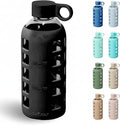 purifyou 40oz / 32oz / 22oz / 12oz Borosilicate Glass Water Bottle with Time & Volume Markers, Silicone Sleeve, Stainless Steel Lid | Reusable Glass Bottle for Water & Juice (22oz Jet Black)
