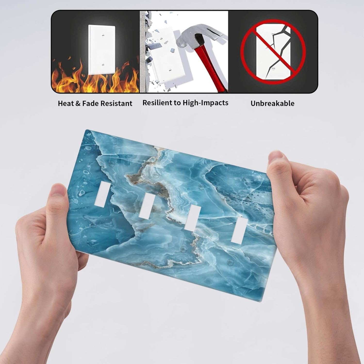 Decorative Light Switch Cover Plate Abstract Watercolor Blue Marble Texture 4 Gang Wall Plates for Electrical Outlets Quad Toggle Switch Plate Covers Outlet Covers Faceplate for Home Decor