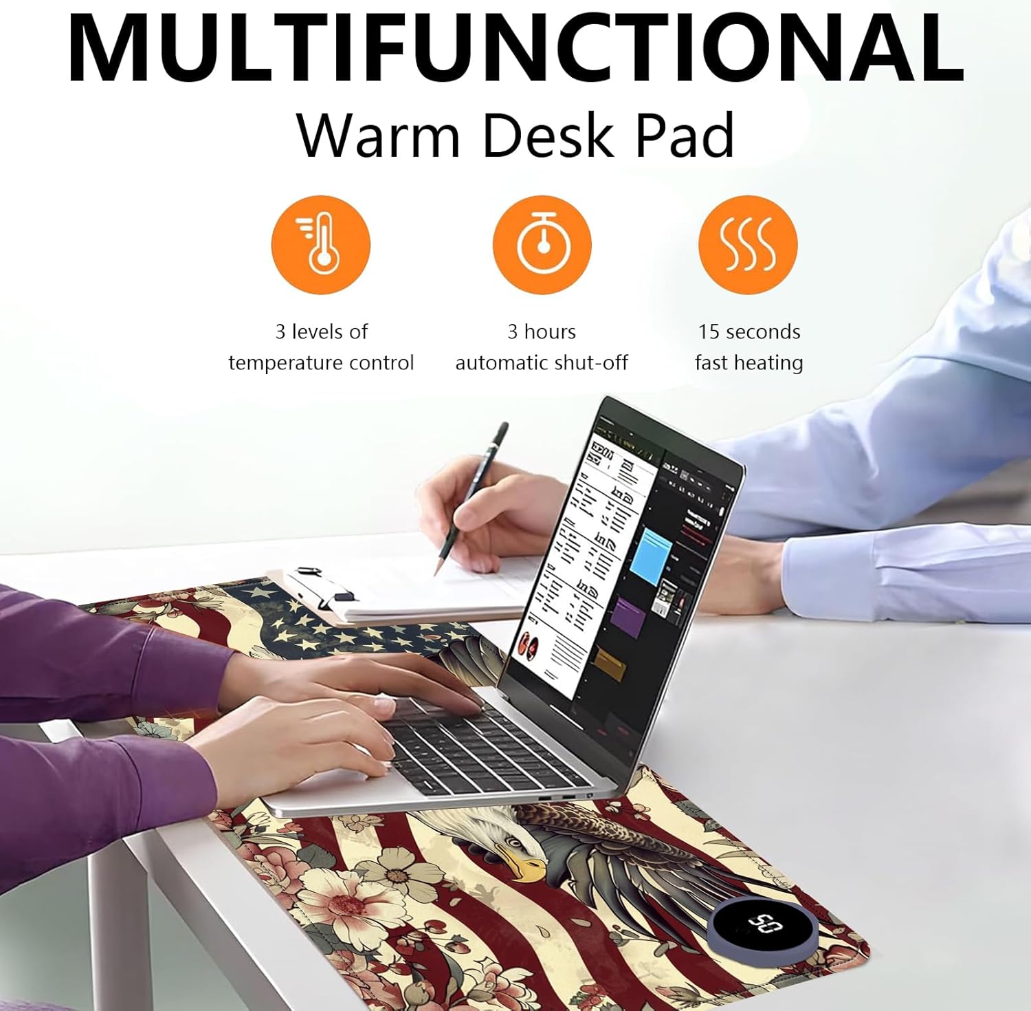Heated Mouse Pad with 3 Levels Heated & 3 Hours Auto Shut-Off Mouse Pad for Warming Hands in Office Home, 31.5" x 13"Large Safe Desk Mat Hand Warmer，Flying Eagle Flag Flowers