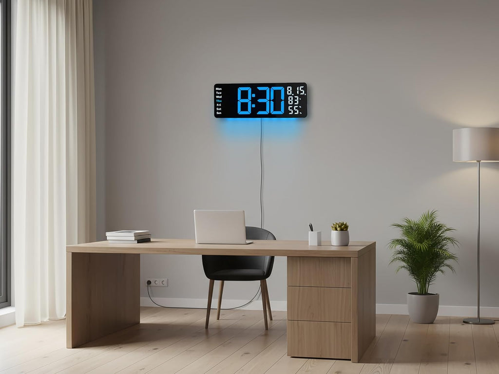 17.5 Inch Blue LED Digital Wall Clock with 8 Ambient Light Colors｜Displays Time,Date,Day,Temperature&Humidity,Dual Alarms,Countdown&Stopwatch,DST,10-Level Auto/Manual Brightness｜Modern Silent Clock