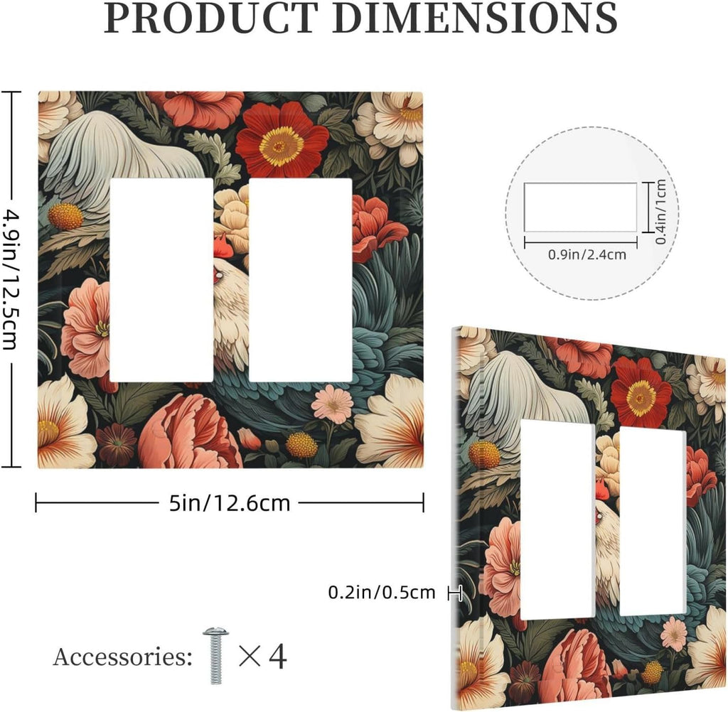 Decorative Outlet Covers Rooster Flowers Red White Chicken Floral 2 Gang Double GFCI Rocker Electrical Wall Panels Light Switch Cover Plate for living Room Farmhouse Decor