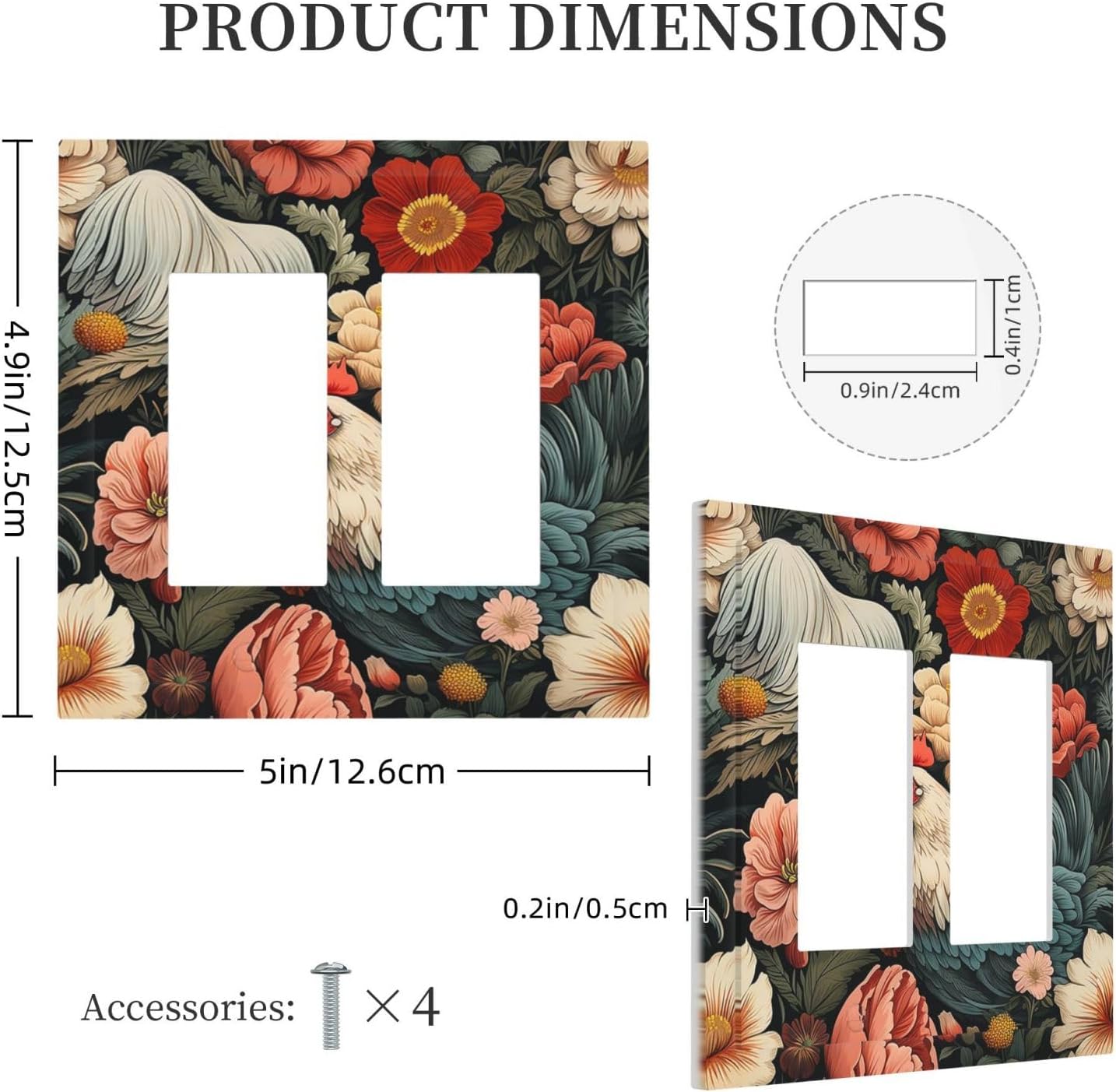 Decorative Outlet Covers Rooster Flowers Red White Chicken Floral 2 Gang Double GFCI Rocker Electrical Wall Panels Light Switch Cover Plate for living Room Farmhouse Decor