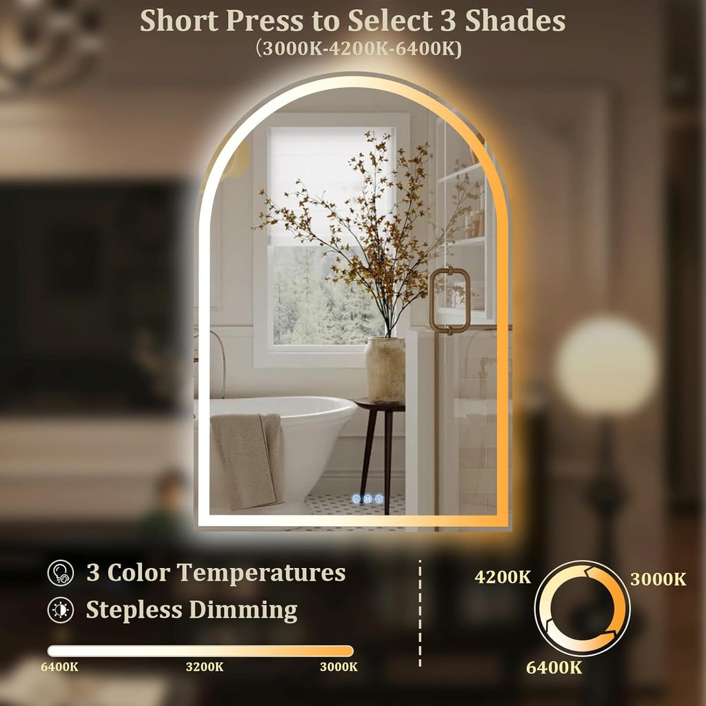 BEAUTYPEAK 40x30 LED Arch Bathroom Mirror with Lights, Anti-Fog, Dimmable, Backlit + Front Lit, Lighted Bathroom Vanity Mirror for Wall, 3 Colors, Memory Function, Tempered Glass, Shatter-Proof