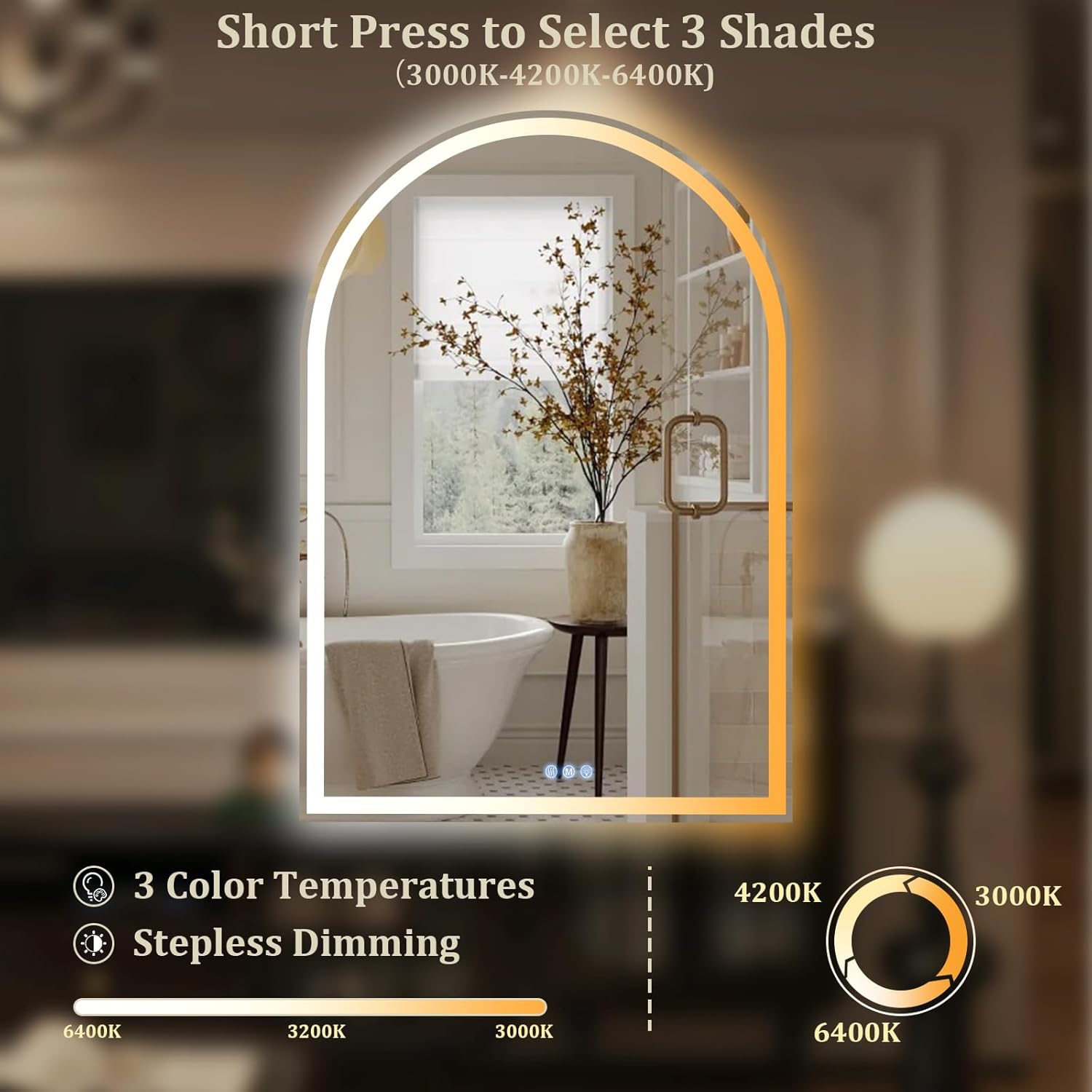 BEAUTYPEAK 48x30 LED Arch Bathroom Mirror with Lights, Anti-Fog, Dimmable, Backlit + Front Lit, Lighted Bathroom Vanity Mirror for Wall, 3 Colors, Memory Function, Tempered Glass, Shatter-Proof