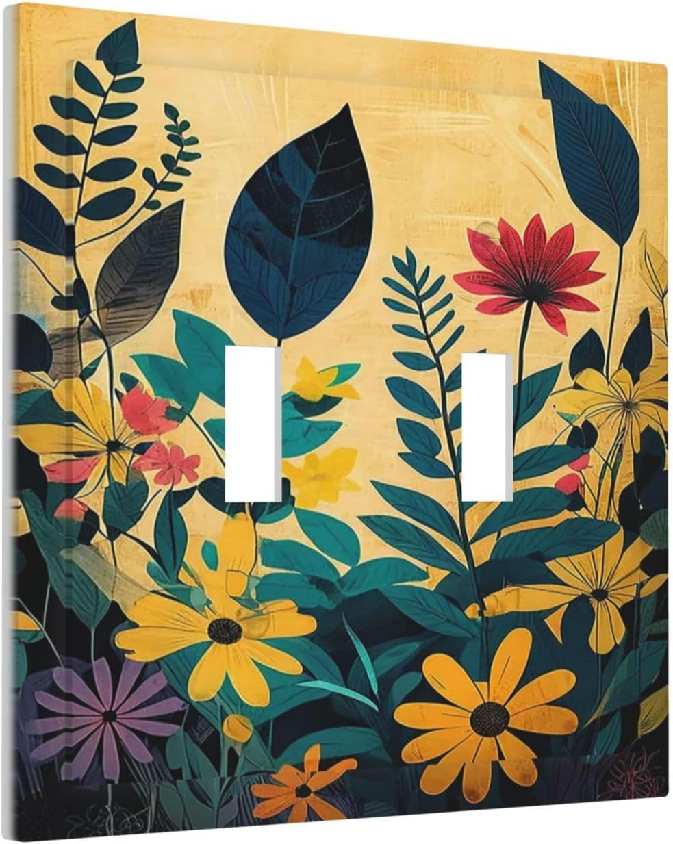 Abstract Minimalist Floral Botanical Boho Flower 2 Gang Double Toggle Light Switch Cover Decorative Switchplate Electrical Wall Plates Faceplate for Bathroom Bedroom Decor 4.9 X 5 IN