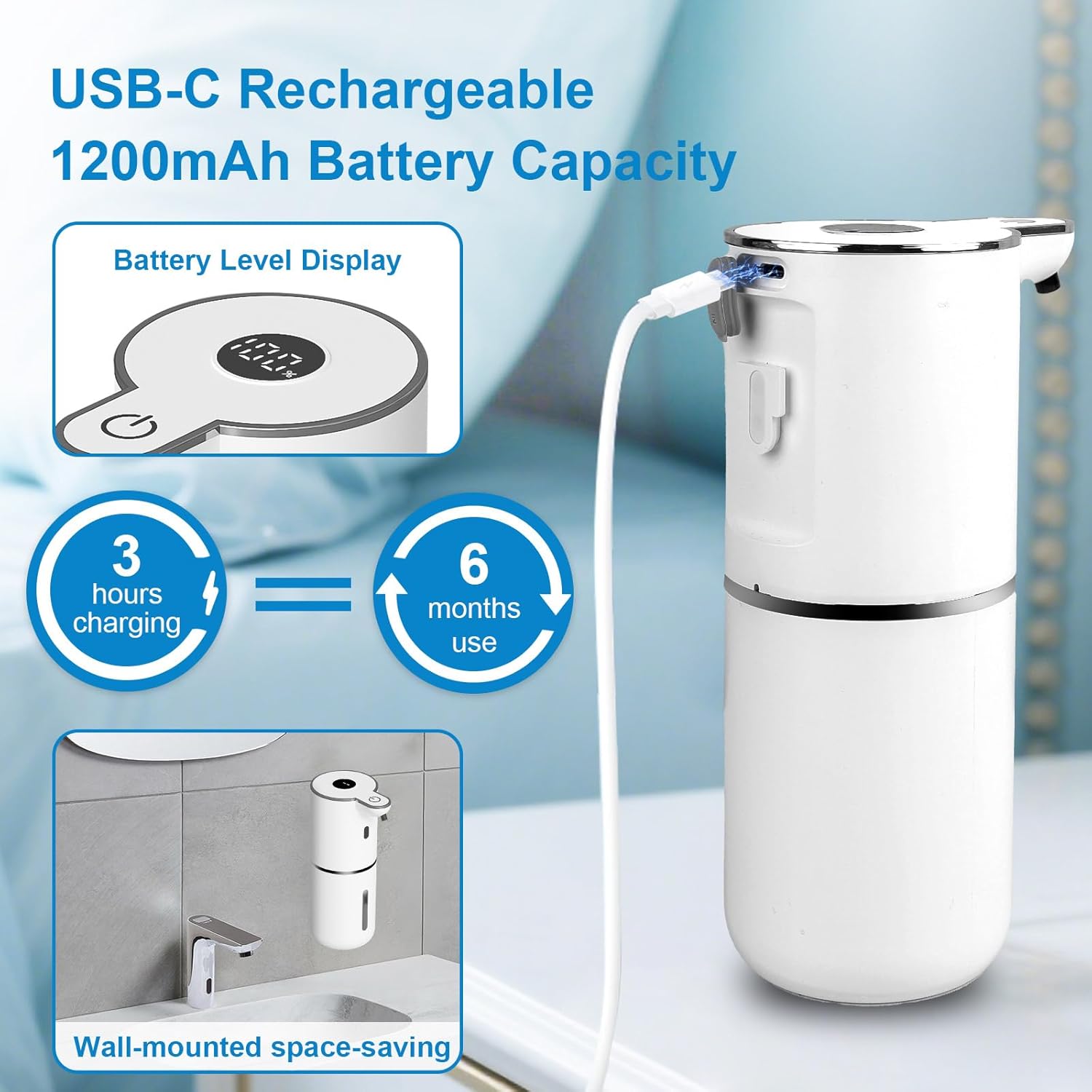 Automatic Liquid Soap Dispenser Touchless, USB Rechargeable Smart Hand Soap Dispenser, 6-Level Adjustable, 12.8oz/380mL Wall Mounted for Bathroom Kitchen Dish Soap-White