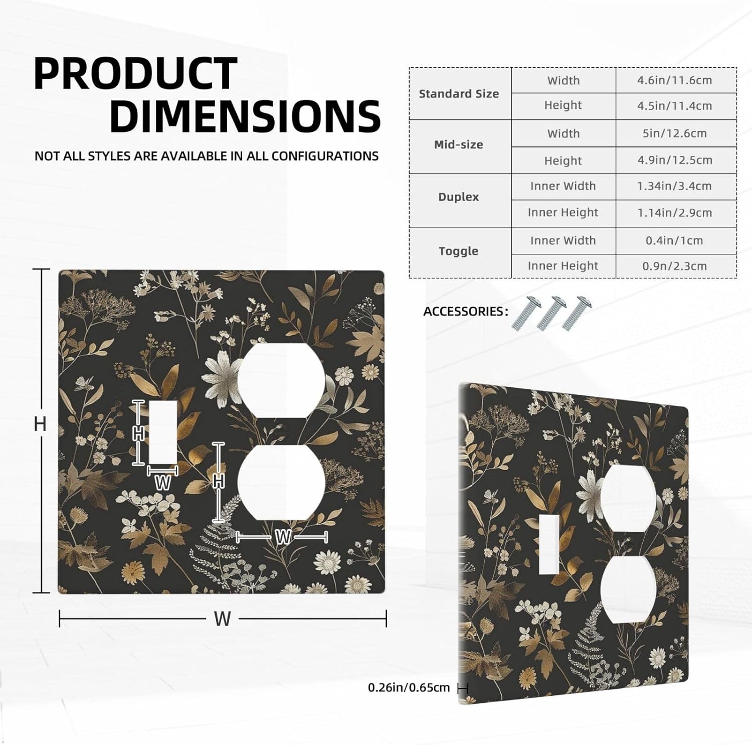 Wallplates Black Gold Floral Dark Leaves Vintage Flowers 1 Toggle 1 Duplex Switch Plate Electrical GFCI Faceplate Decorative Light Switch Covers for Bed Room Home Decor