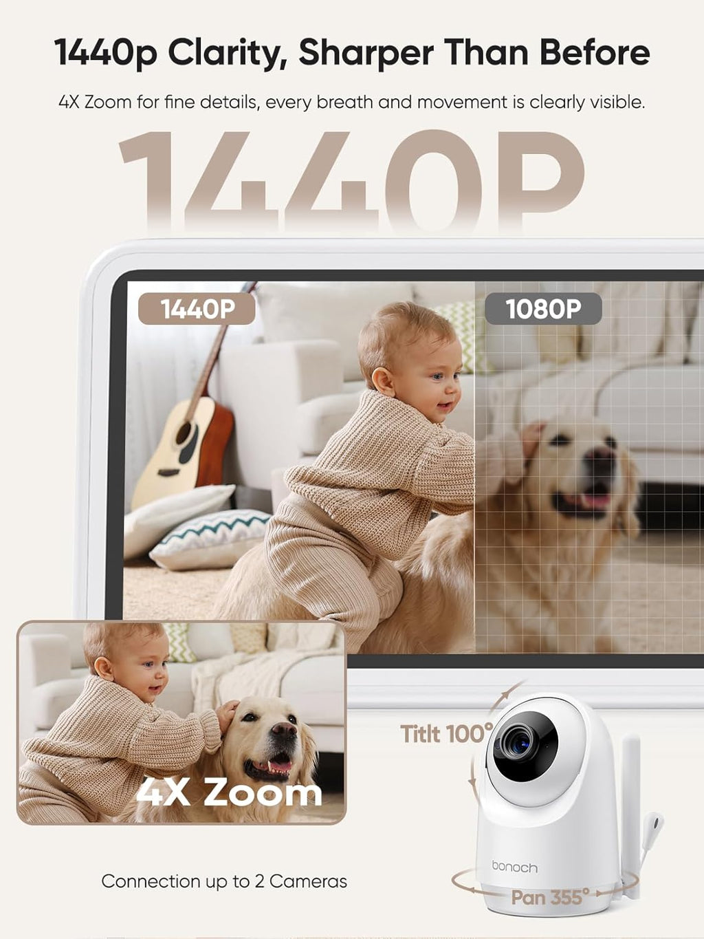 bonoch 1440p Baby Monitor with 2 Cameras 240h Long-Lasting, 5.5" No WiFi Split Screen Dual Video Monitor, Smart Detect for Crying/Sleep Turnover/Motion, Hack Proof, White Noise, Night Vision, Gifts