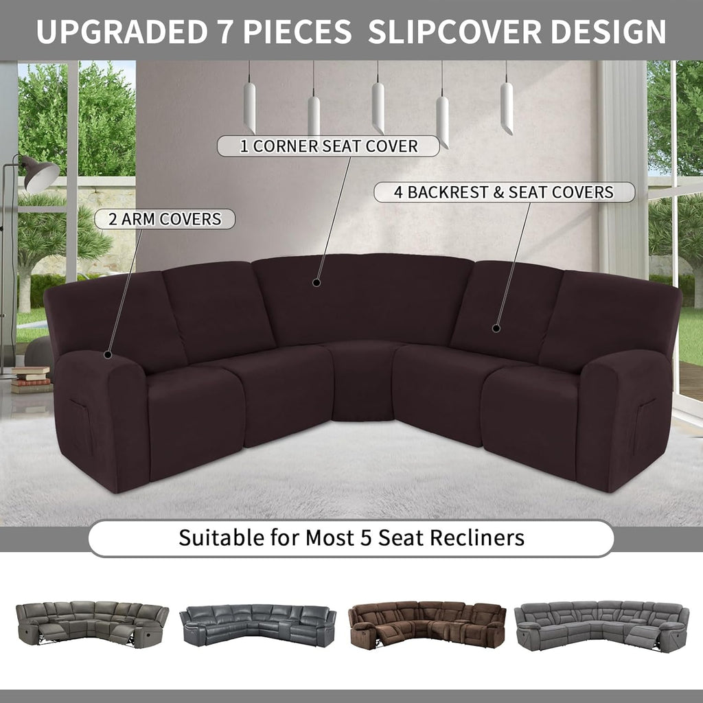 Easy-Going 100% Waterproof Recliner Cover, Stretch Couch Covers for Reclining Couches, Extra Large Sectional Sofa Slipcover, L-Shape Furniture Protector for Kids & Pets, 5 Seater, Chocolate