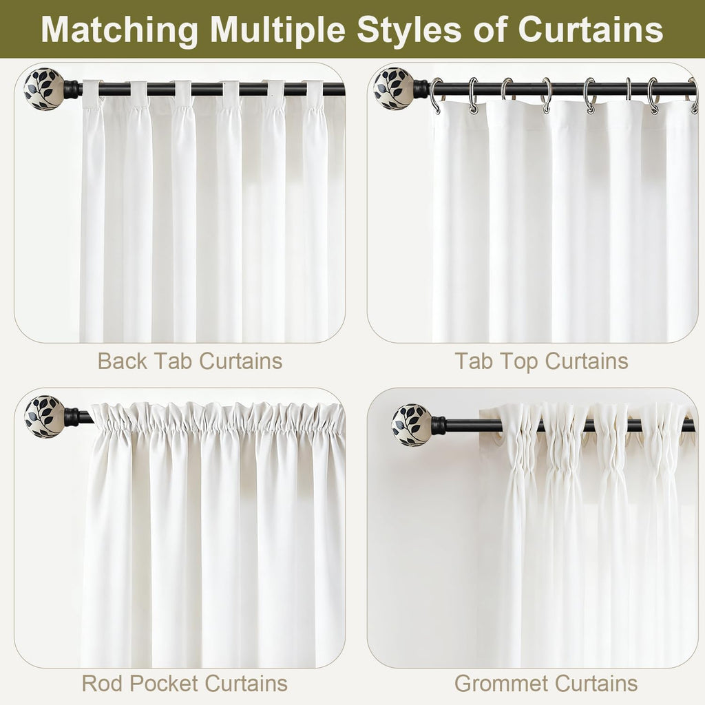 Ceramic Black Curtain Rods Set of 2 for Windows 66 to 120 Inches Adjustable Length Heavy Duty White Window Curtain Rod with Modern Leaf Pattern Decorative Finials for Bedroom Kitchen Living Room