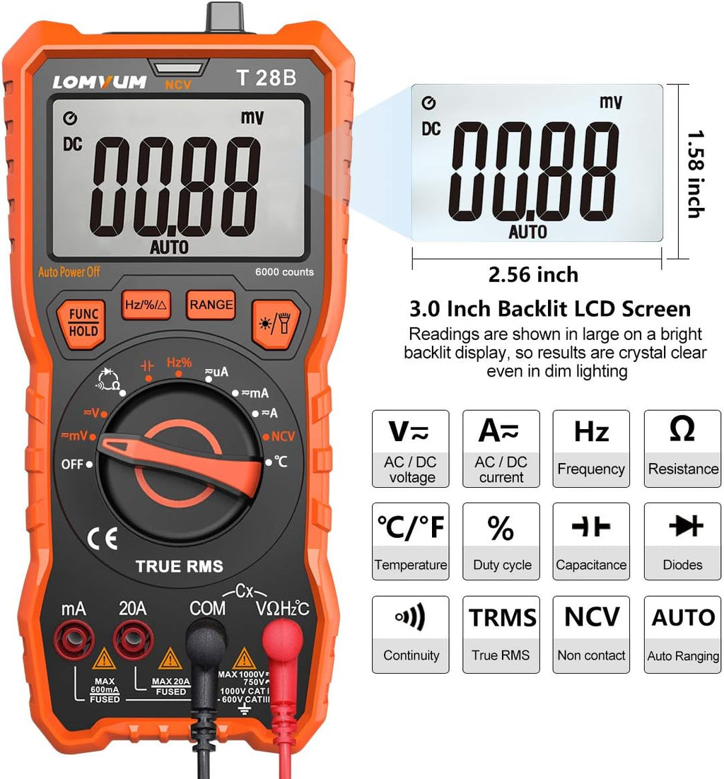 Lomvum Digital Multimeter, 6000 Counts Electrical Tester AC/DC Voltage Current Detector, NCV, Resistance, Capacitance, Diode Electronic, Duty Cycle Tester