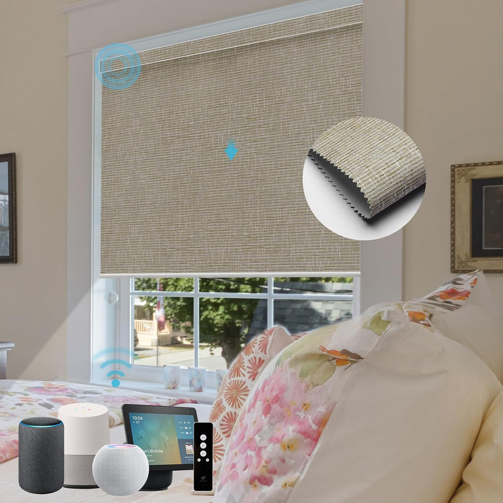 SmartWings Motorized Roller Shades Work with Homekit, Alexa Google, 100% Blackout Smart Blinds for Windows, Cordless Remote Control Window Shades, Safari White, Customized Size