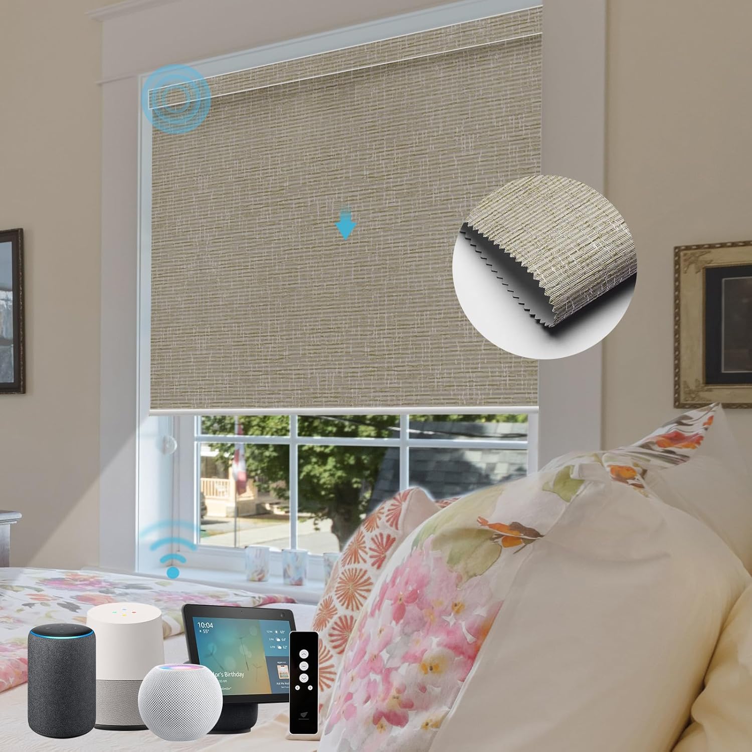 SmartWings Motorized Roller Shades Work with Homekit, 100% Blackout Smart Blinds for Windows, Cordless Remote Control Window Shades, Safar Biscuit, Customized Size
