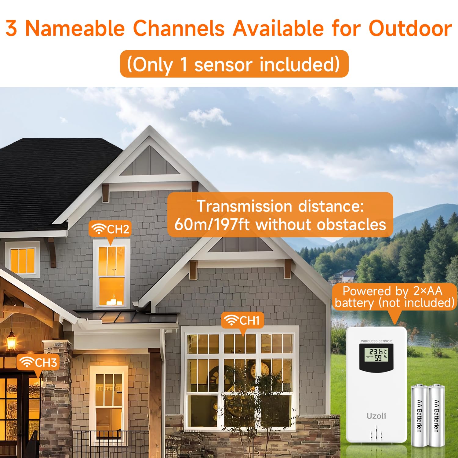 Uzoli EM3566 Weather Station Wireless Indoor Outdoor, 7.4“ Large Weather Station with Atomic Clock, Indoor Outdoor Temperature Humidity, Weather Forecast, Alarms with Snooze, Easy to Read