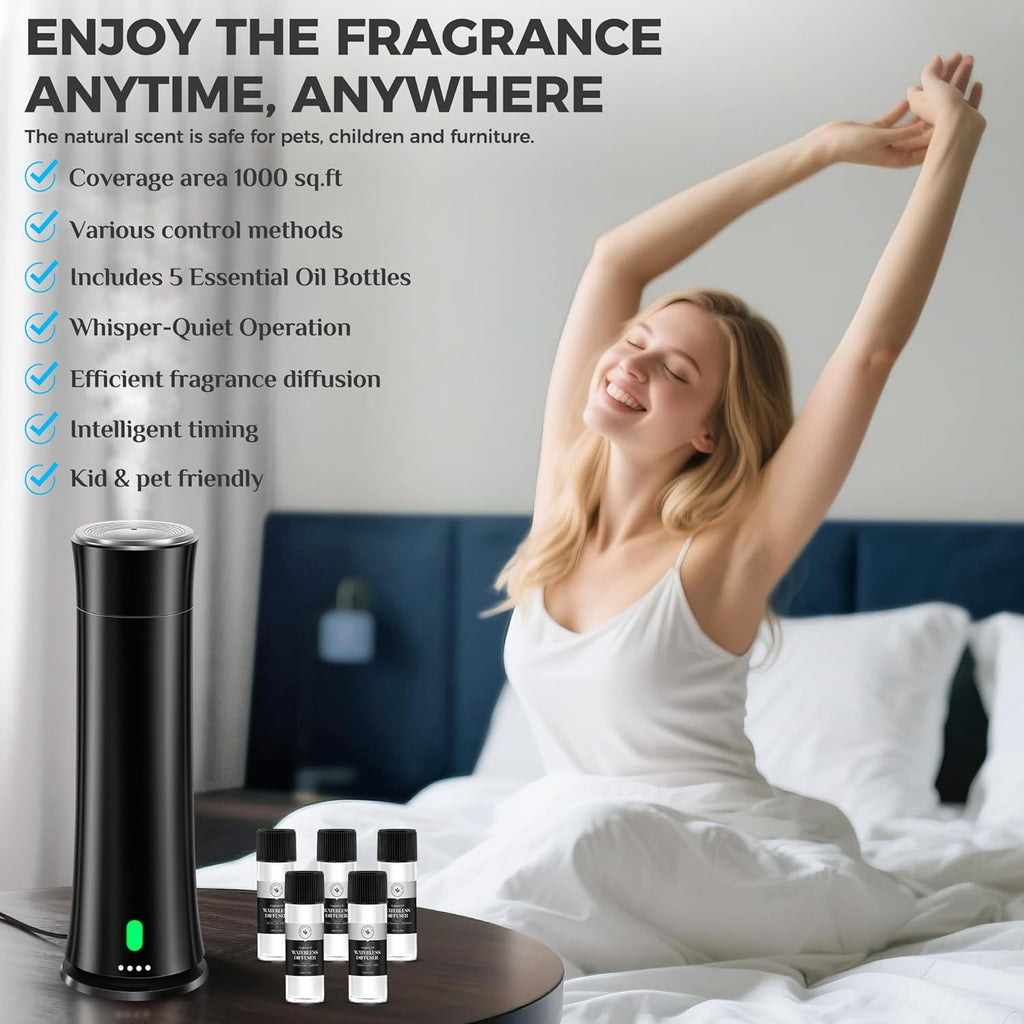 Hotel Scent Diffuser Starter Kit - 1500 Sq Ft Coverage, Hotel Scents Collection, Suitable for Waterless Diffuser Large Room, Contains Five Aromatherapy Essential Oils, Remote Control, Black