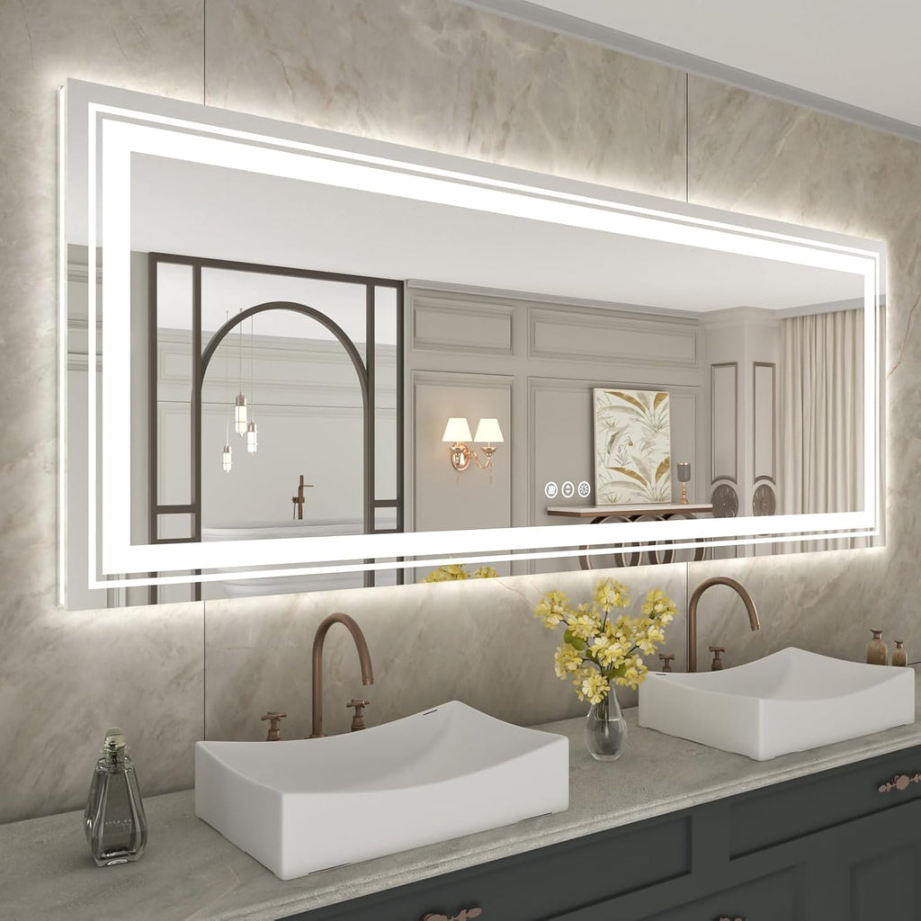 WTTY 96"x36" LED Bathroom Mirror with Lights, Large Dimmable LED Wall Mirrors, Backlit + Front Lit, Lighted Bathroom Vanity Mirror for Wall, Anti-Fog, Memory Function, Shatter-Proof, ETL Listed