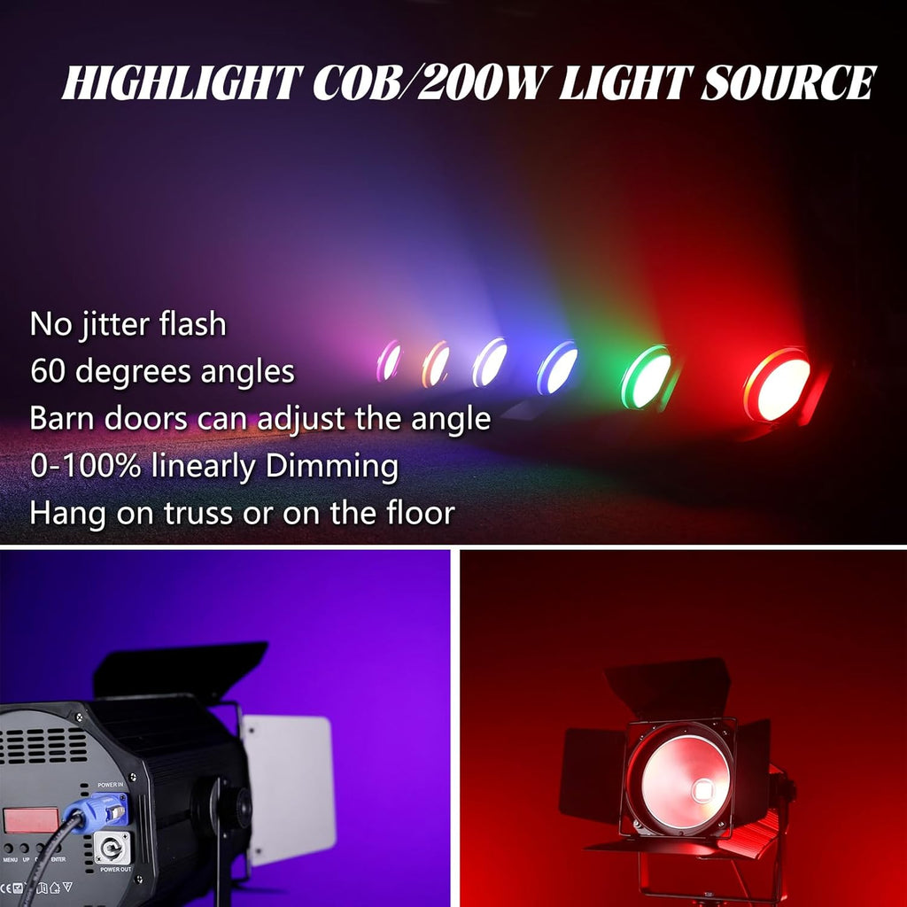 COB Stage Lights with Barn Doors, COB Par Light 200W LED RGBW 4in1, DMX512 Master-Slave Sound DJ Lighting Spotlight Fresnel for Church Concert Wedding (4-Colors Style, 1)