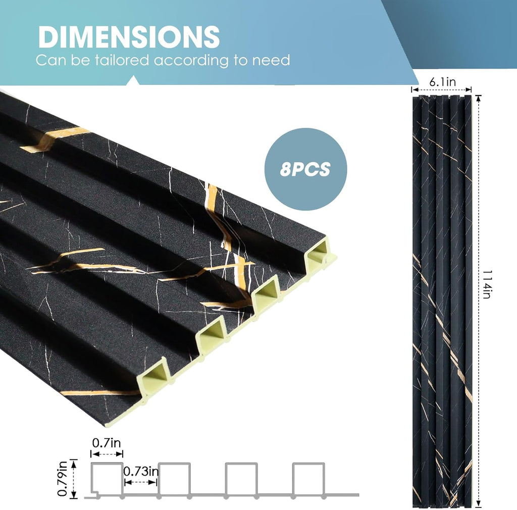OUZUGIE WPC Acoustic Slat Wall Paneling, 8-Pack 114 x 6 Inches 3D Wall Panels for Interior Wall Decor,Living Room,TV Background,Study Room,Office Spaces,Bedroom,High Grille (Black Marble)