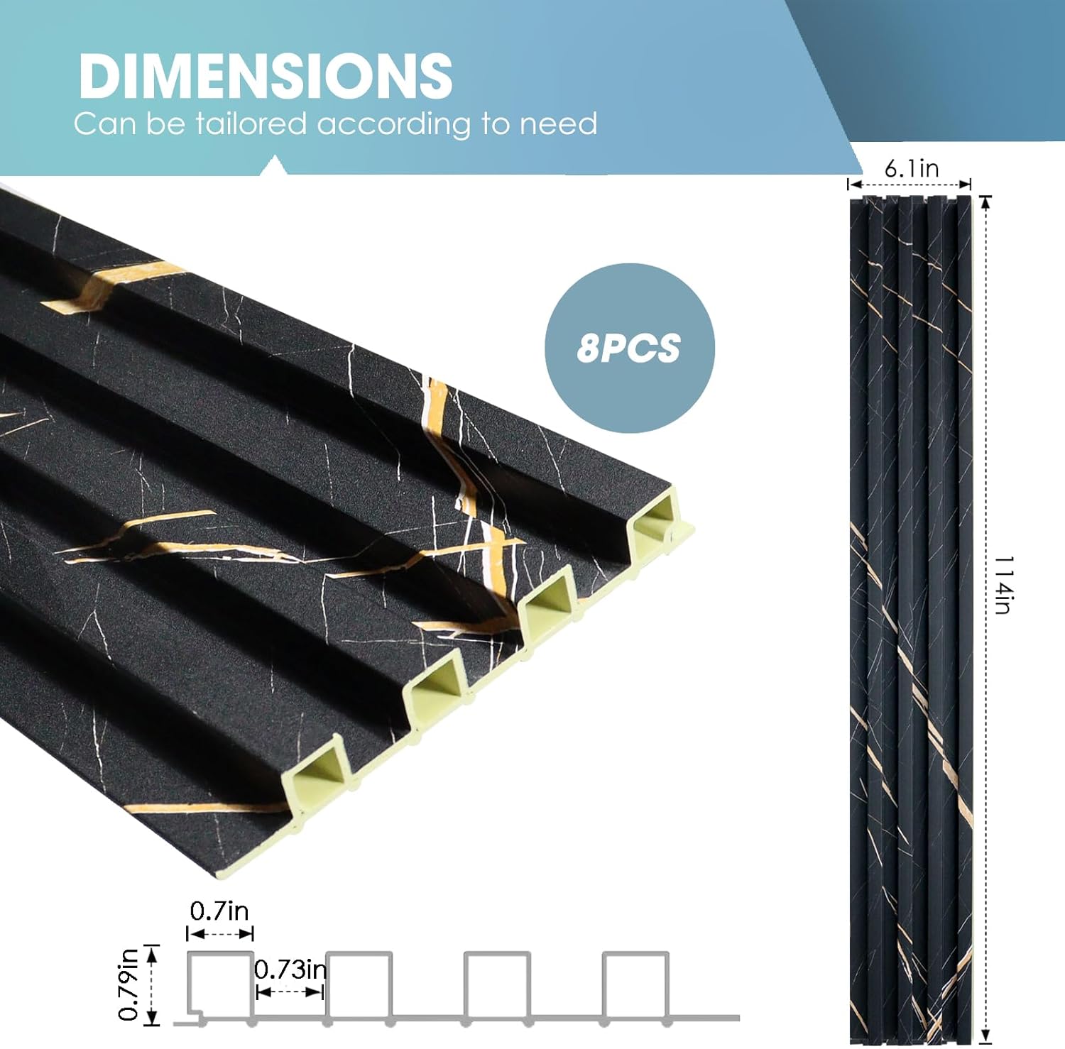 OUZUGIE WPC Acoustic Slat Wall Paneling, 8-Pack 114 x 6 Inches 3D Wall Panels for Interior Wall Decor,Living Room,TV Background,Study Room,Office Spaces,Bedroom,High Grille (Black Marble)