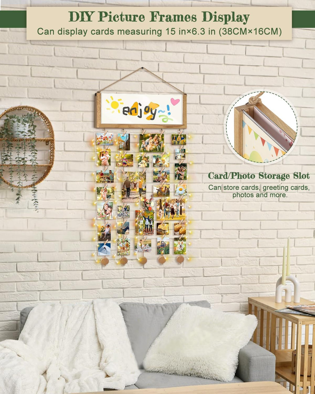 Bikoney Rustic Collage Photo Display Wall Decor with Happy Birthday Banner, Gift Card Storage and 30 Clips for Dorm Room, Bedroom and Home
