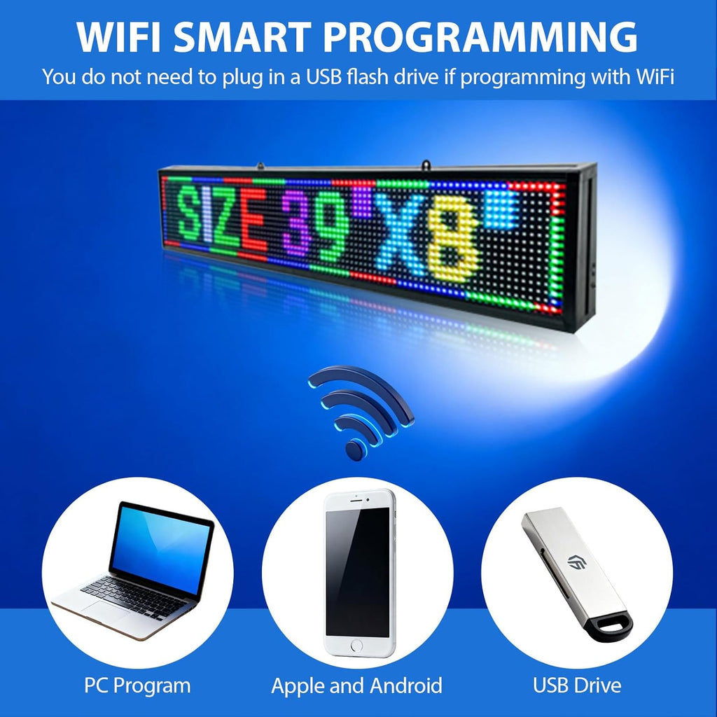 Programmable LED Sign Outdoor Full Color – 39"x8" Scrolling Message Board, Custom Digital Advertising Display, WiFi Control, High Brightness Neon Business Sign for Store, Bar, Restaurant