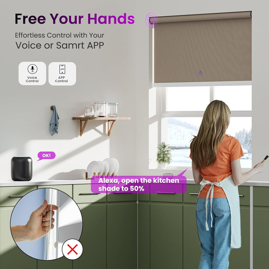 Astomi Motorized Roller Shades for Windows, Blackout Smart Blinds for Indoor, Effortless Remote & Voice Control, Compatible with Alexa, Google Home, Custom Size, Vinyl-Caramel
