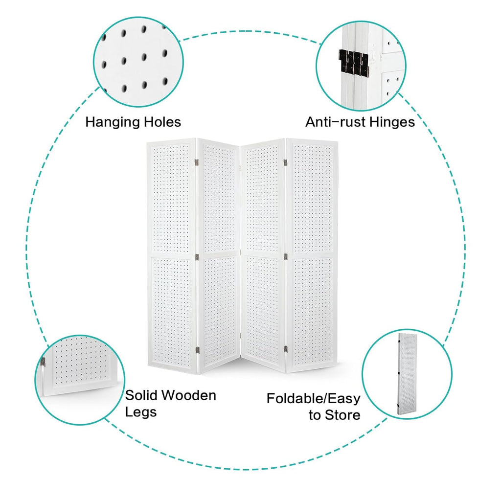 Babion 4 Panel Pegboard Display, Peg Board Room Divider Freestanding Folding Privacy Screens Pegboard Display Stand for Craft Shows (White)