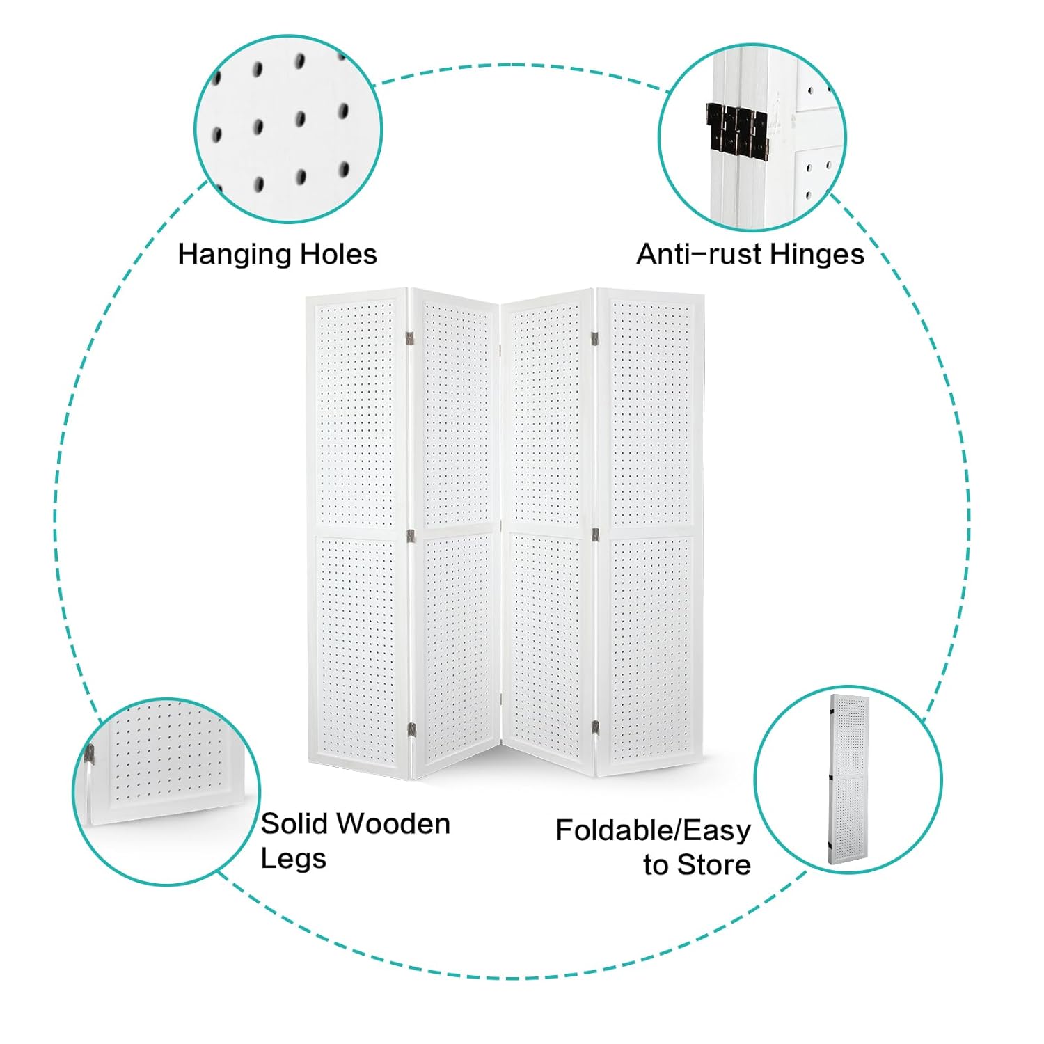 Babion 4 Panel Pegboard Display, Peg Board Room Divider Freestanding Folding Privacy Screens Pegboard Display Stand for Craft Shows (White)