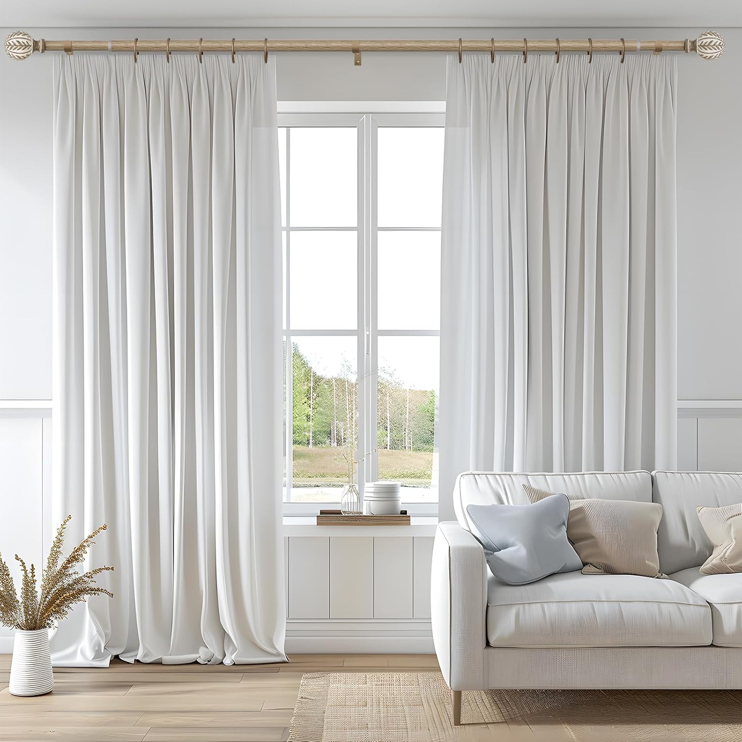 Boho Wood Curtain Rods for Windows 48 to 84 inch,1" Adjustable Heavy Duty Window Curtain Rod with Imitation Wood Grain Finials,Rustic Decorative Drapery Rods Set,Size:36-88'',Weathered Wood