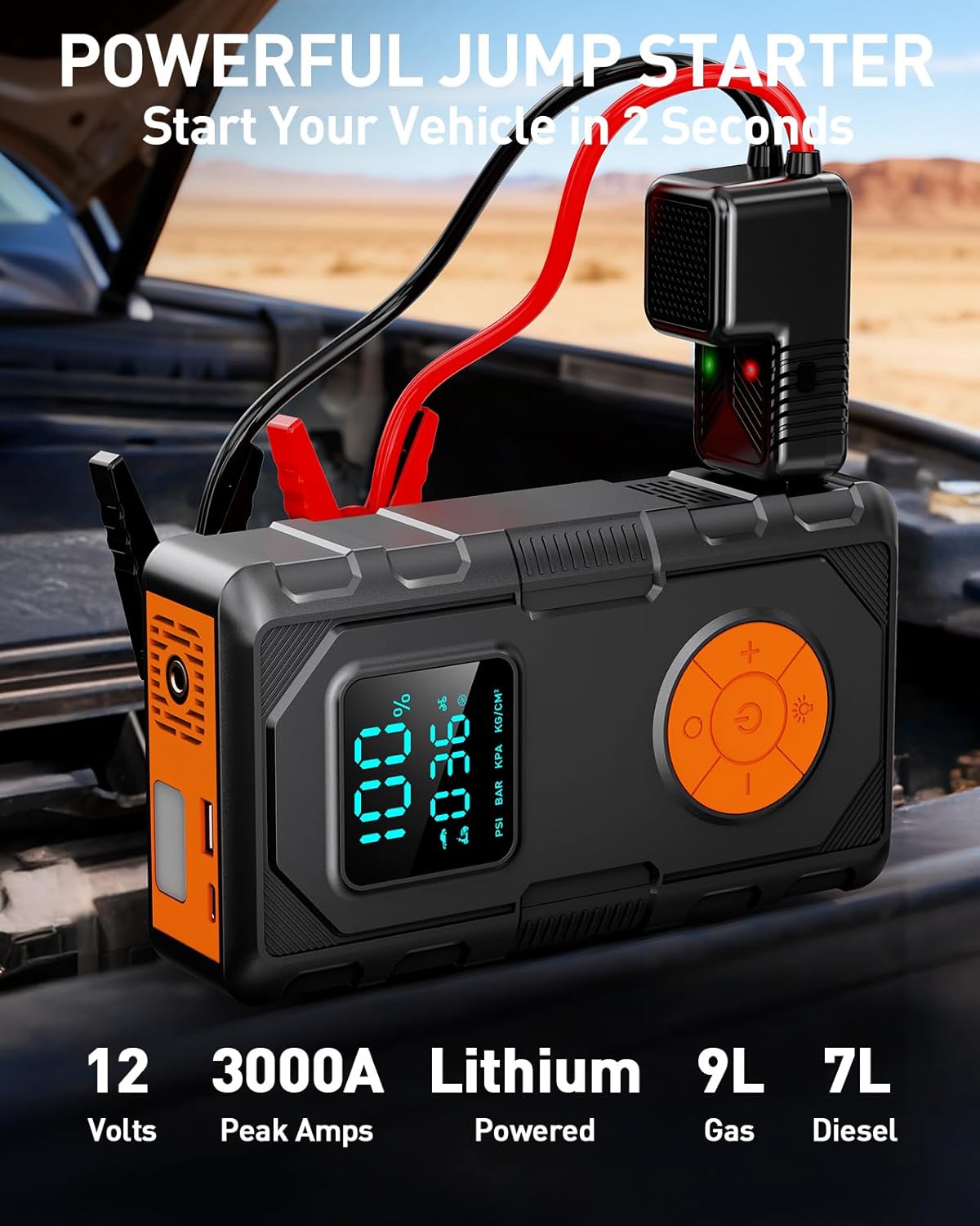 Jump Starter with Air Compressor, Car Battery Jump Starter (8.0 Gas/7.0L Diesel), Battery Jumper Starter Portable Jump Box, 12V Portable Car Jump Starter with Tire Inflator,Gift for Man Father Husband