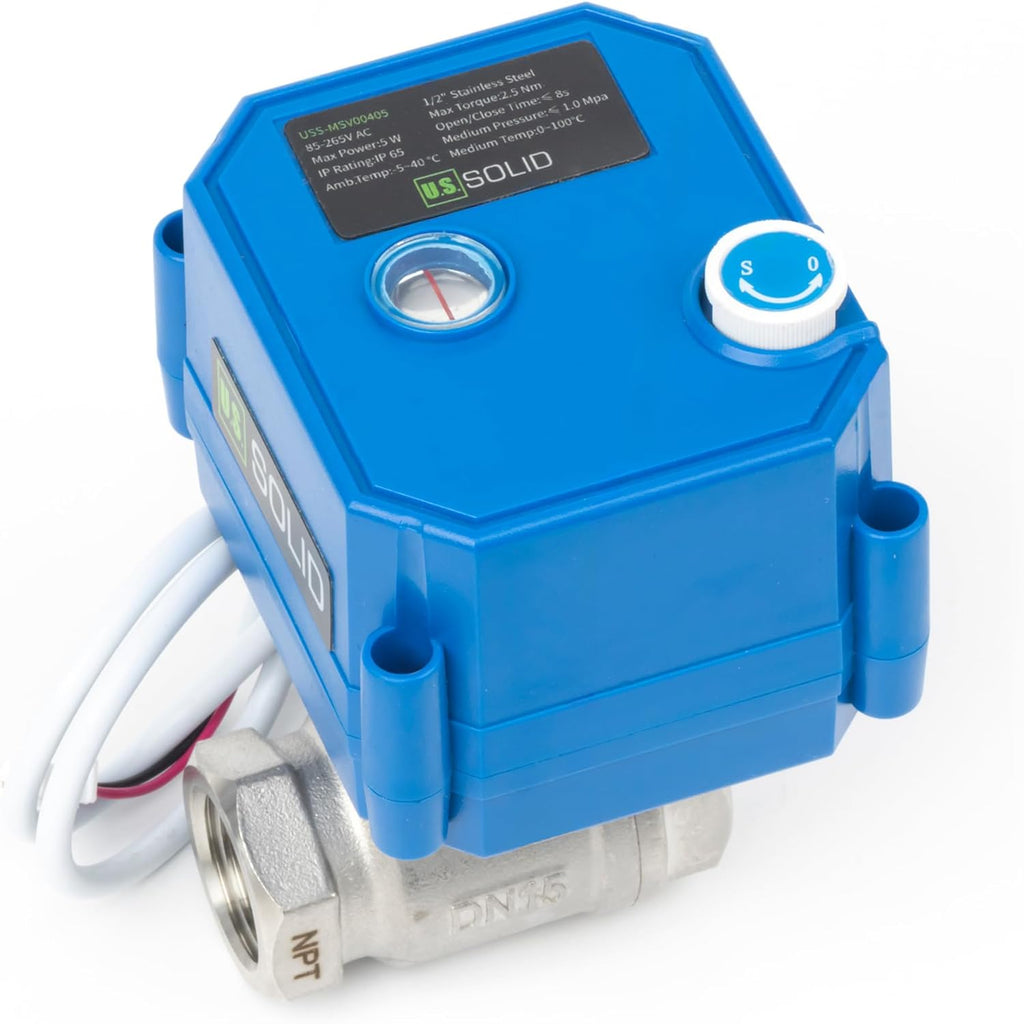 U.S. Solid Motorized Ball Valve with Manual Function - 1/2" Stainless Steel, Full Port, 85-265V AC, 2-wire Automatic Return, Normally Closed