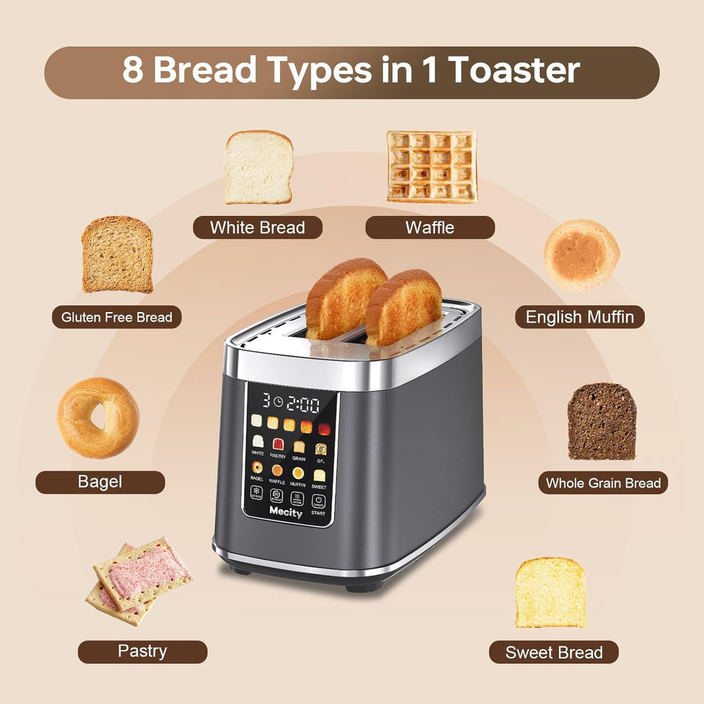 Mecity 2 Slice Toaster with Touch Screen & Auto Lift, Stainless Steel Cool-Touch Toaster with 8 Bread Settings, 5 Shade Levels, 1200W High Power, Keep Warm & Reheat Function, Metallic Grey, 120V