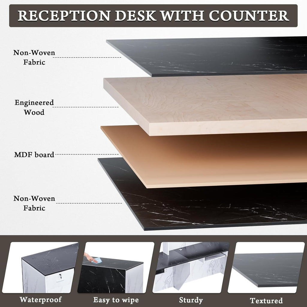 R-Shaped Modern Reception Desk with Counter & Storage - 71"/84" Large Office Front Desk, Salon Checkout Counter with Lockable Cabinets, Shelves & Drawers (Black & White, Right - 71''L x 34''W x 41''H)