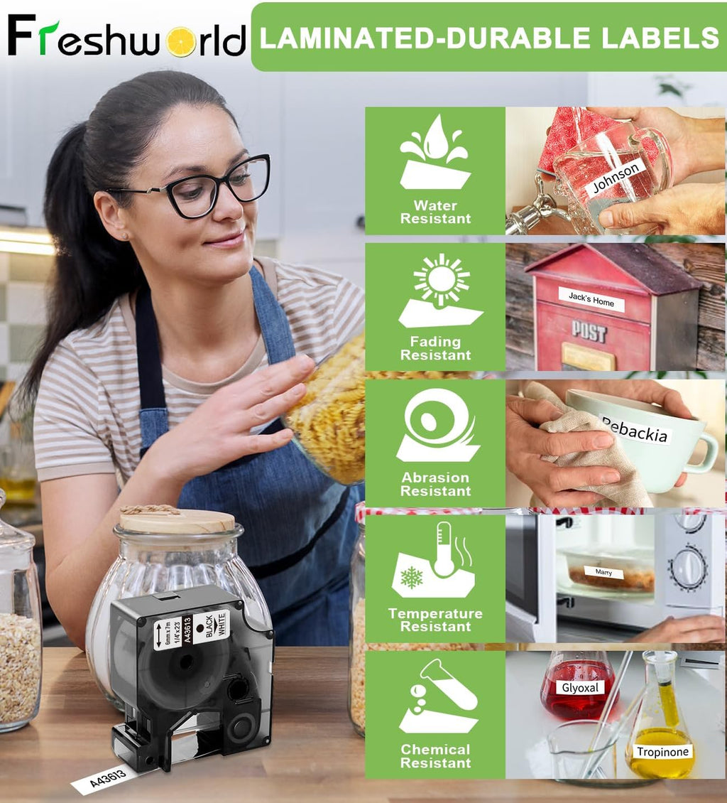 Freshworld Compatible with Dymo D1 Label Tape 1/4 Inch 43613 S0720780 Label Maker Refills d1, Black on White 6mm Refills, for LabelManager 160 210D 260P 280 360D Printer COLORPOP, 23 Ft, 6-Pack