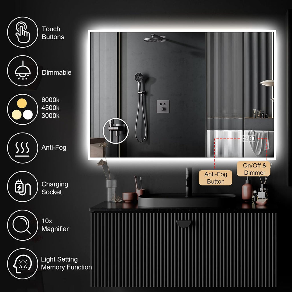 Led Mirror for Bathroom, 40x32 Inch Lighted Mirrors with 10X Magnification and Shaver Charging Port, Anti-Fog, Memory Function, 3 Color Temperature, Dimmable Led Backlit Mirror, Horizontal/Vertical