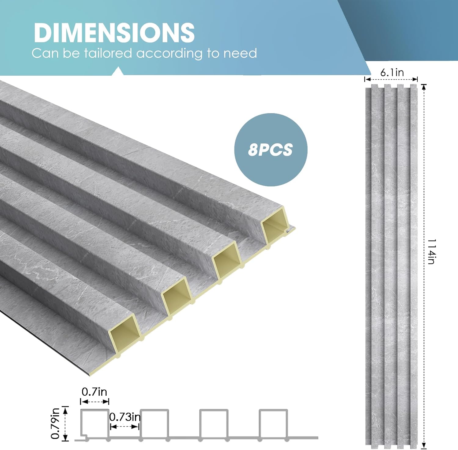 OUZUGIE WPC Acoustic Slat Wall Paneling, 8-Pack 114 x 6 Inches 3D Wall Panels for Interior Wall Decor,Living Room,TV Background,Study Room,Office Spaces,Bedroom,High Grille (Gray Marble)